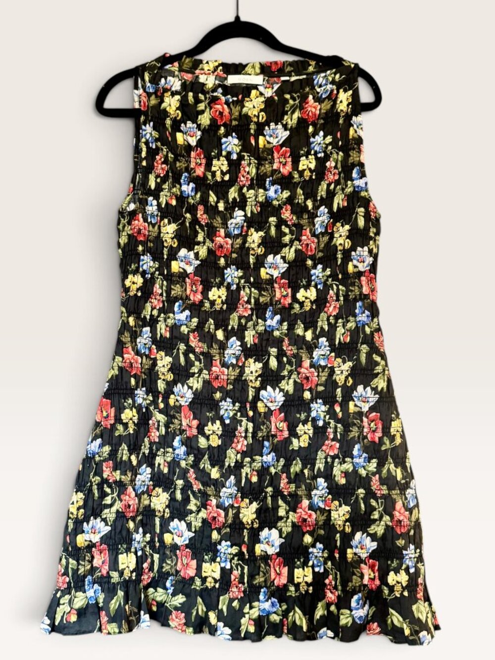 DOEN Gianna Dress Noir Wild Rose Floral Smocked Ramie Mini Dress L Cottagecore